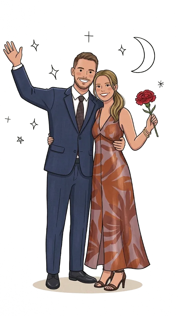 Ilustración de Anabel y César: ella rubia con vestido largo, él con traje azul y corbata